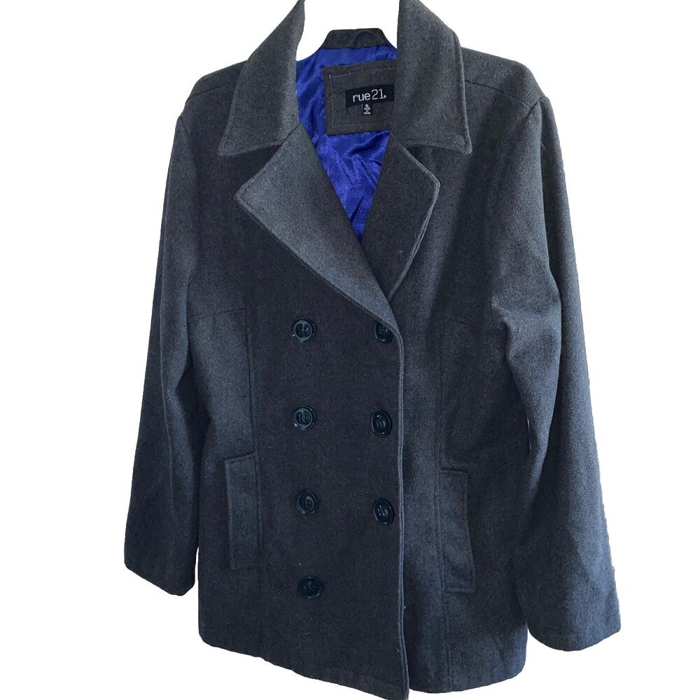 RUE 21 Women's Black polyester, Pea Coat 8 Buttons Front Pockets Size XL 525J
